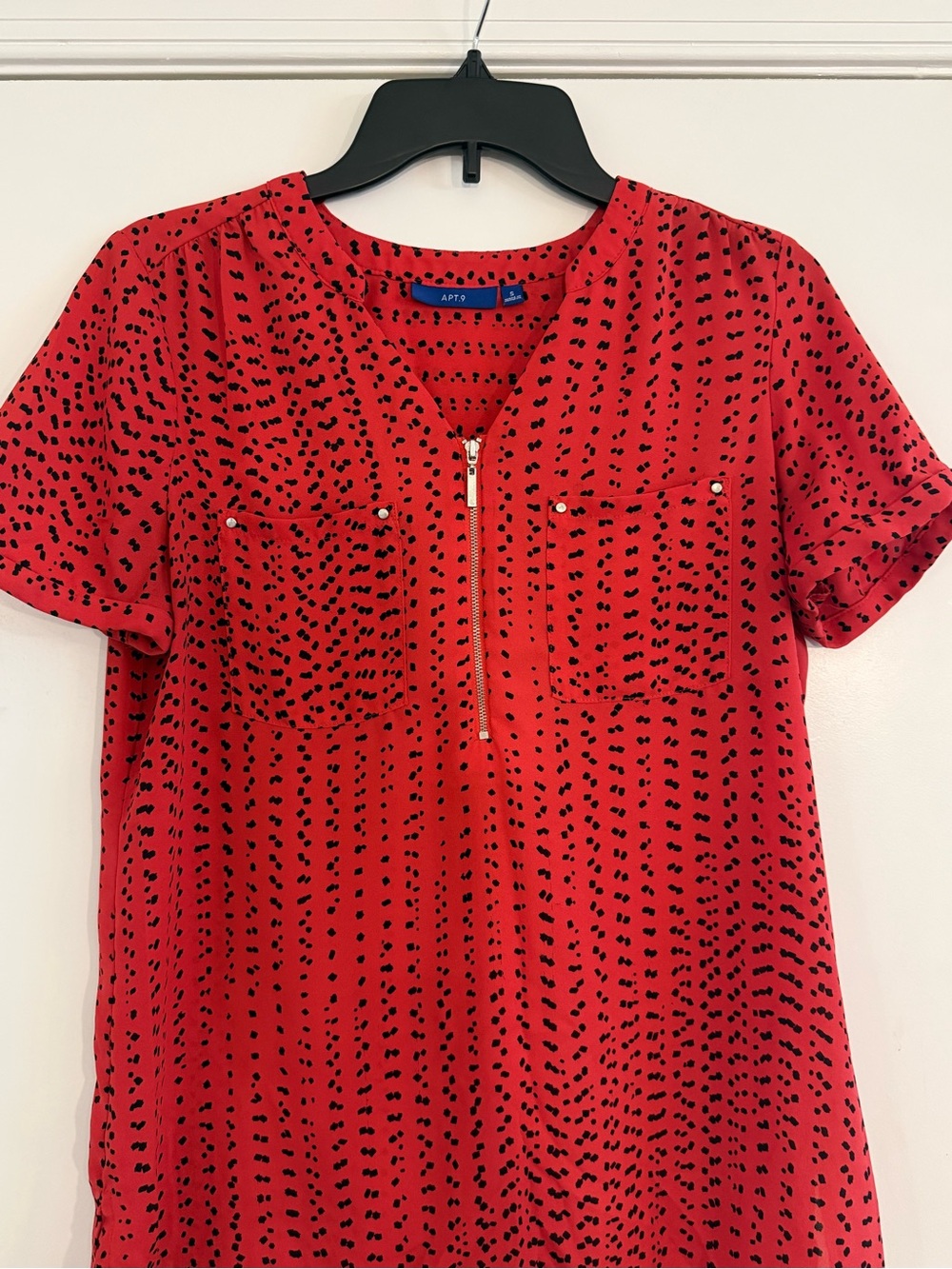 Printed Zip Front Blouse Women’s S Short Sleeve Business Casual - Picture 3 of 6